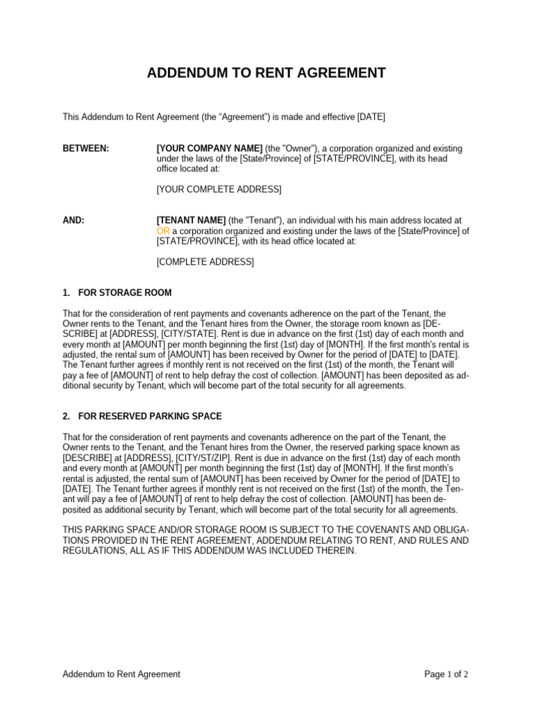 Storage and Parking Rent Addendum | PDF | Renting | Leasehold Estate