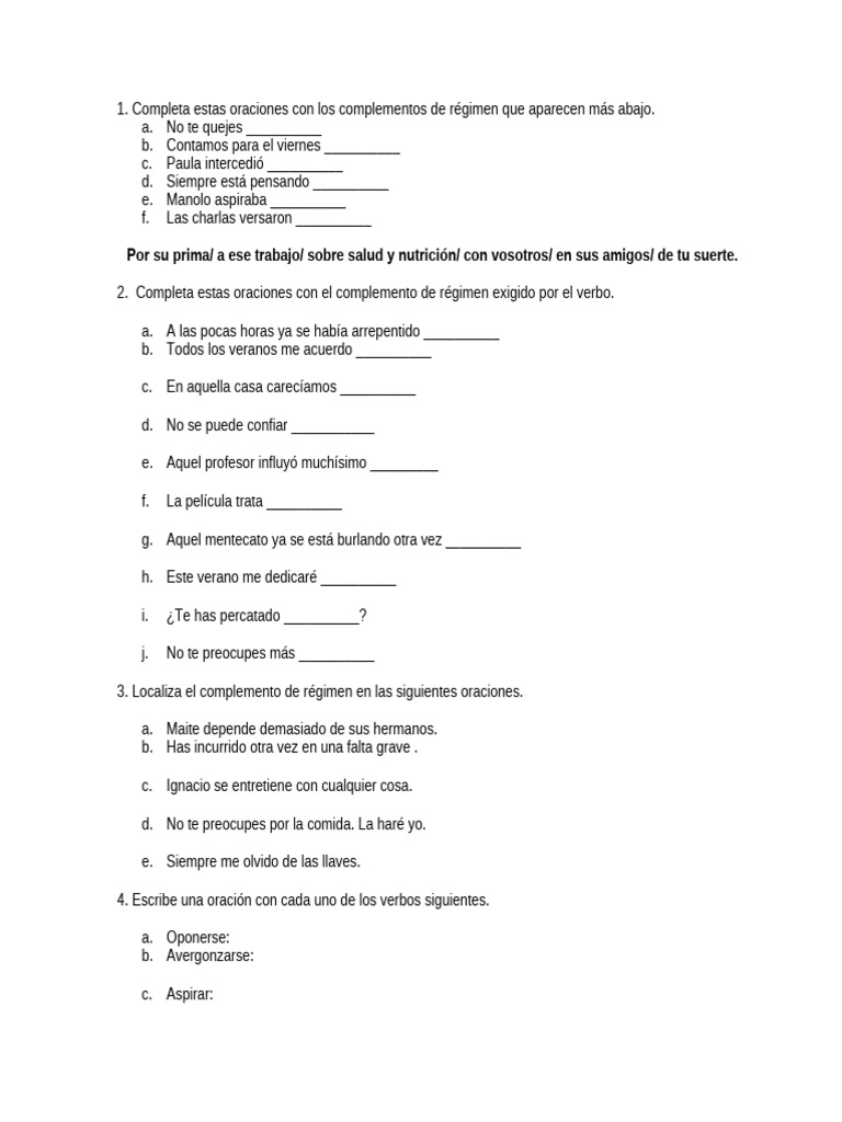 Ejercicios de Complementos de Régimen | PDF | Lingüística | Sintaxis