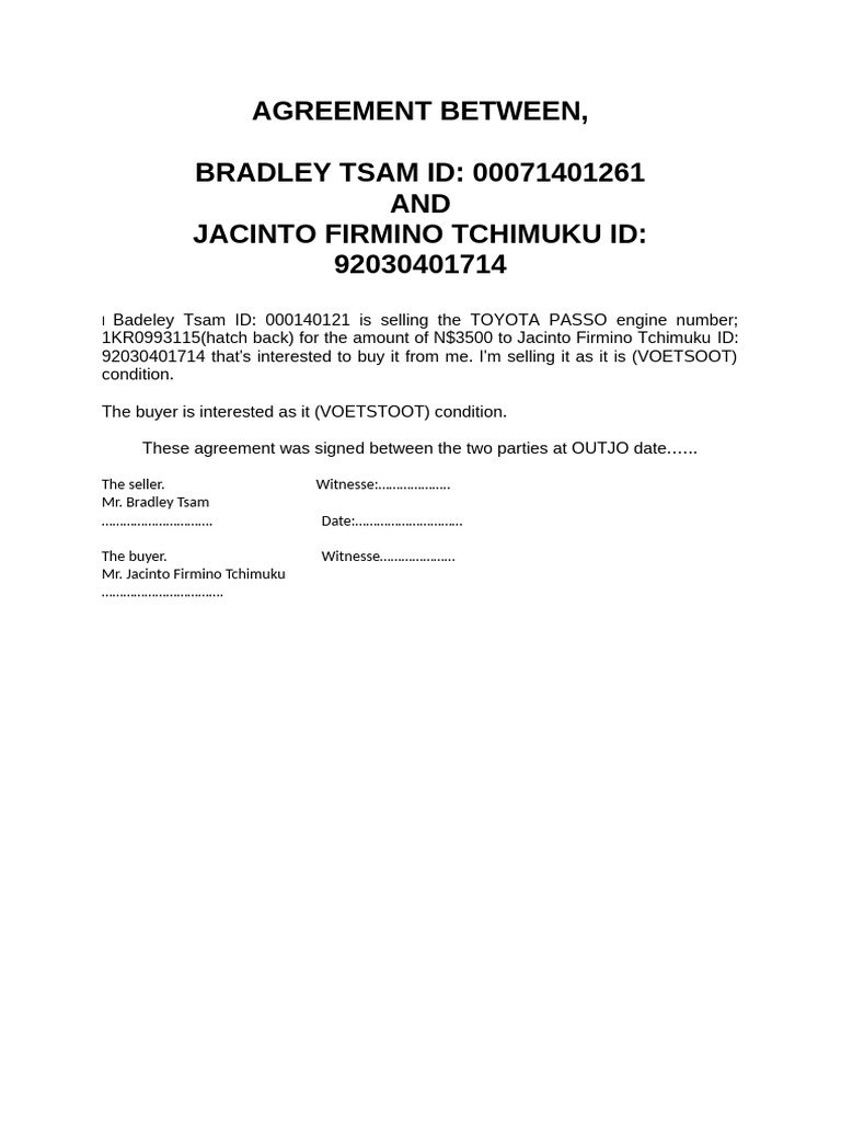 Toyota Passo Sale Agreement Document | PDF