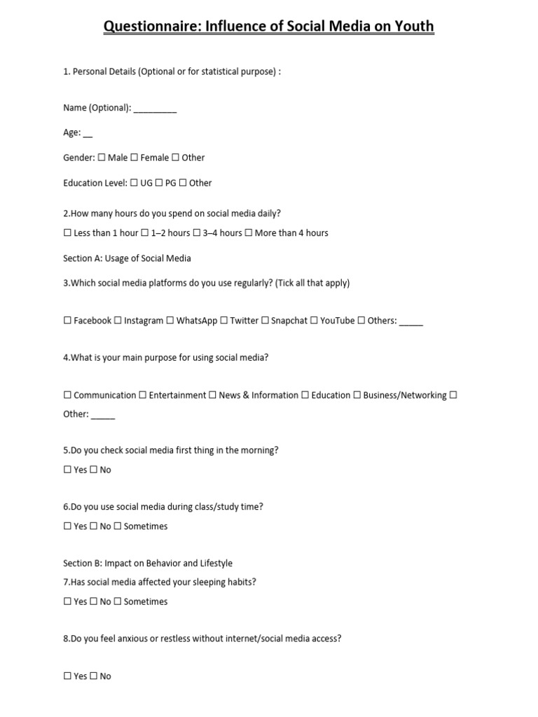 Social Media's Impact on Youth Questionnaire | PDF