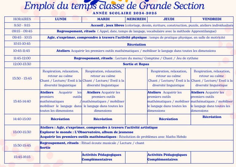 Emploi du temps Grande Section 2024-2025 | PDF | Enseignement des Arts ...