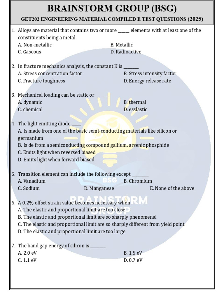 Engineering Materials Test Questions | PDF | Silicon | Metals