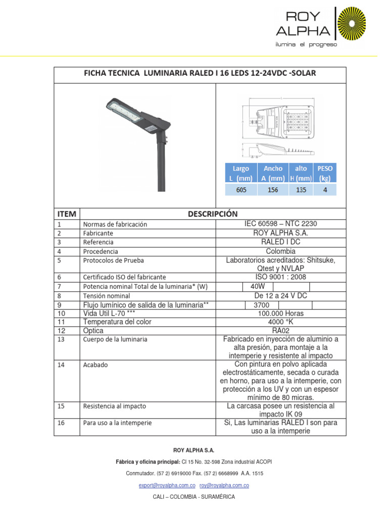 Ficha Tecnica Raled I 16 Leds 12-24v - Solar | PDF | Sector secundario ...