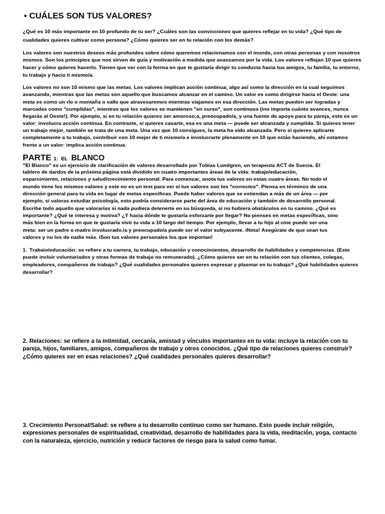 Diana Valores Español Lundgrens Bulls Eye Exercise (Revised by Russ ...