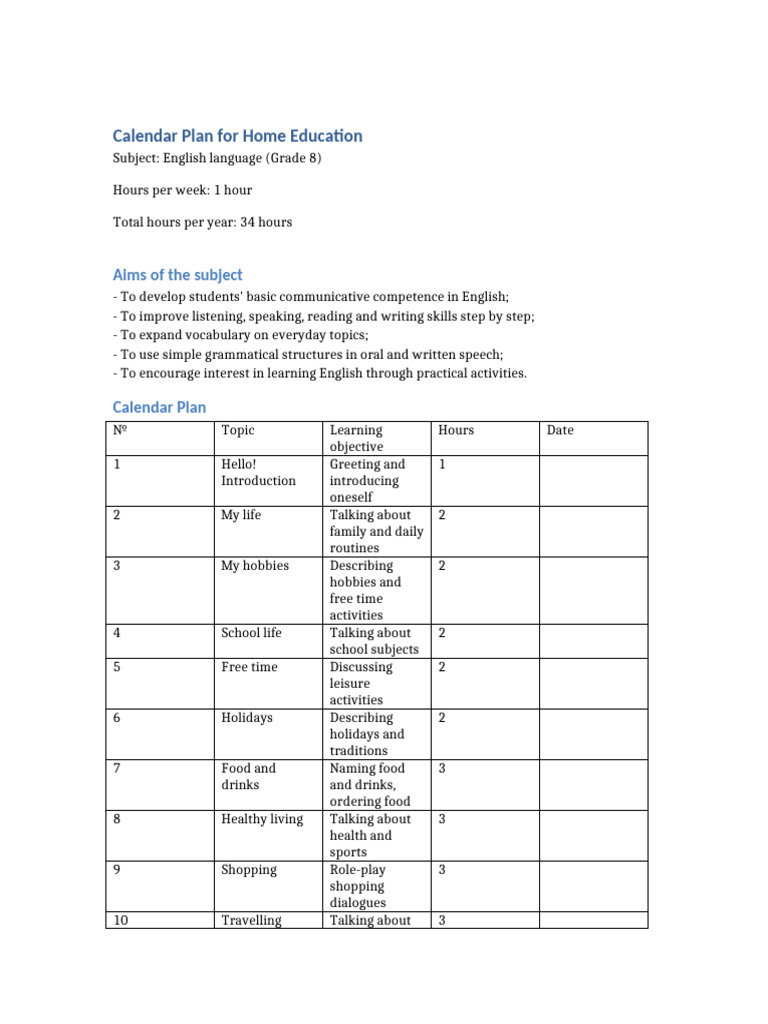 Grade 8 English Home Education Plan | PDF