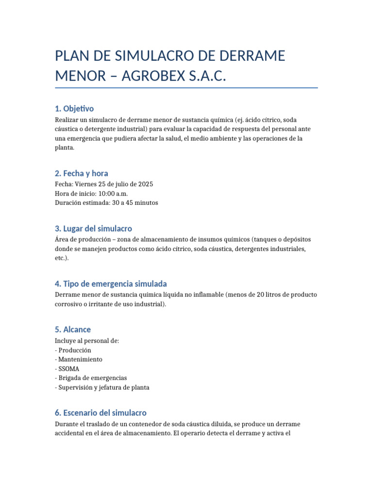 Simulacro de Derrame Químico en Agrobex | PDF | Simulación