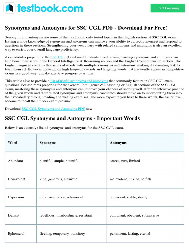 Synonyms and Antonyms For SSC CGL PDF - Download For Free! | PDF