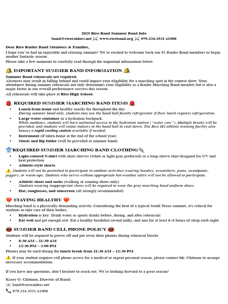 2025 Rice Raider Summer Band Guide | PDF