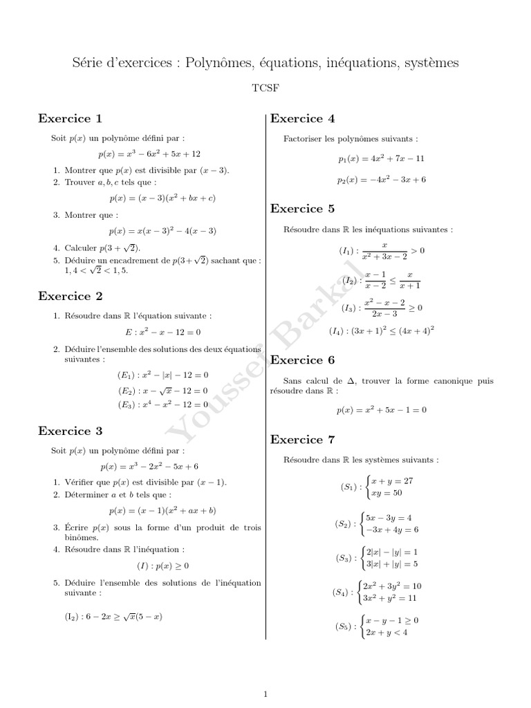 Exercices sur polynômes et équations | PDF | Mathématiques | Théorie ...