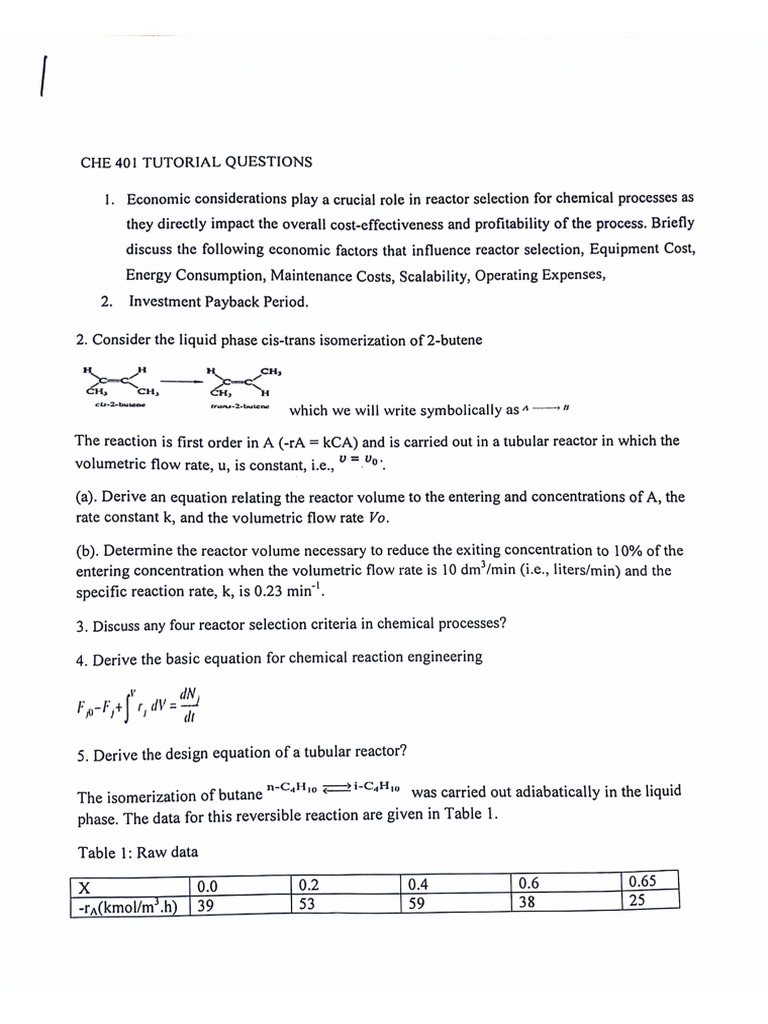CHE 401 Tutorial Questions | PDF