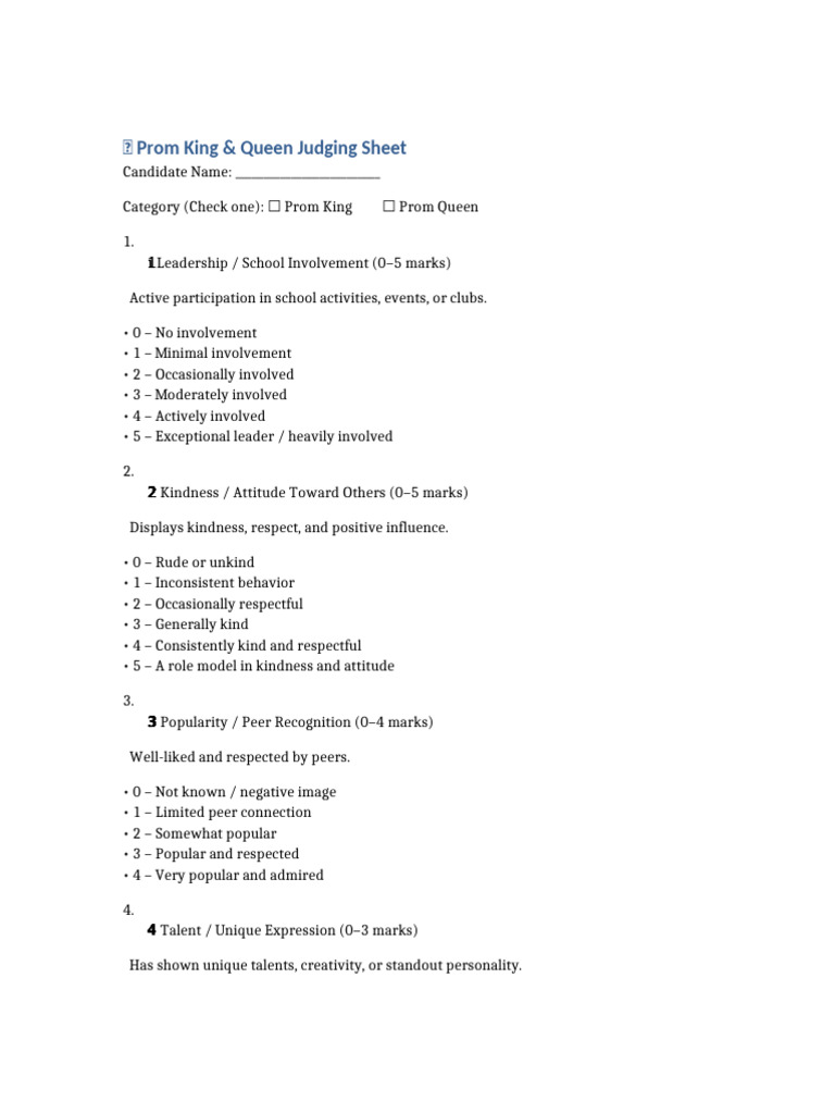 Prom King & Queen Scoring Criteria | PDF