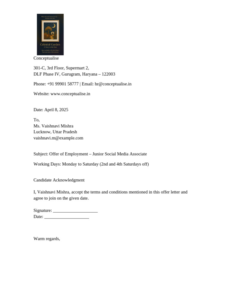 Final Offer Letter Vaishnavi Mishra Conceptualise | PDF