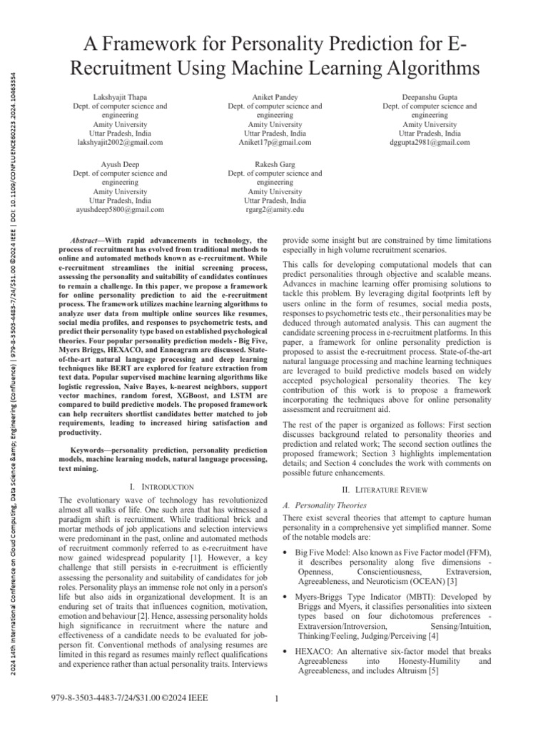 Personality Prediction Framework Using ML | PDF | Machine Learning ...