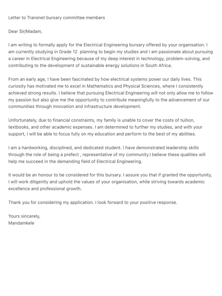 Transnet Bursary Application Letter | PDF