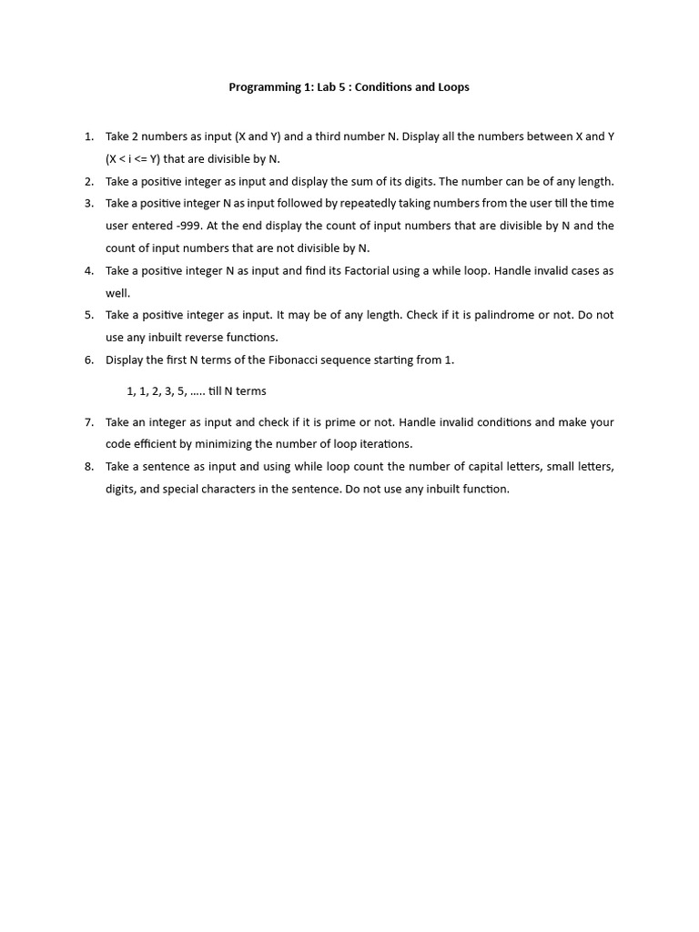 Programming Lab: Conditions & Loops Tasks | PDF