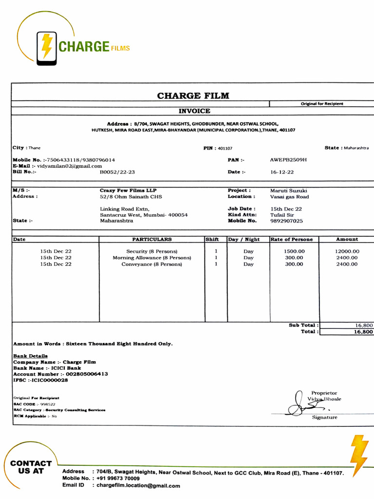 Charge Films Invoice for Security Services | PDF