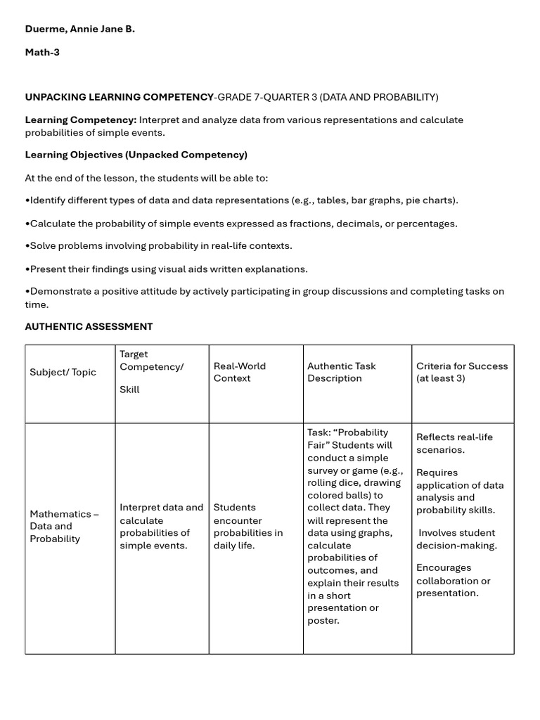 Grade 7 Data & Probability Lesson Plan | PDF | Probability | Data