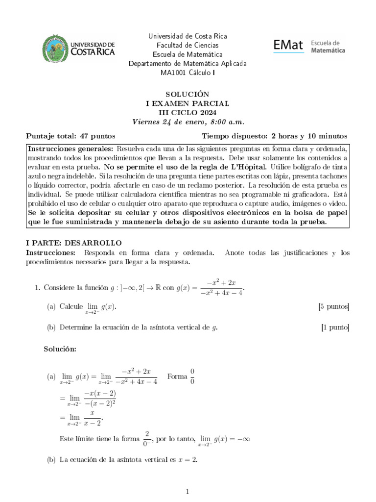 Solución Examen Cálculo I UCR 2024 | PDF | Objetos matemáticos ...