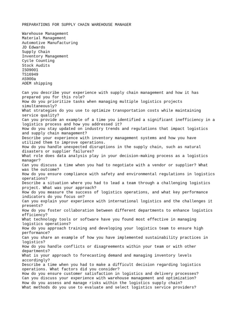 Preparations For Warehouse Supply Chain Manager | PDF | Logistics ...