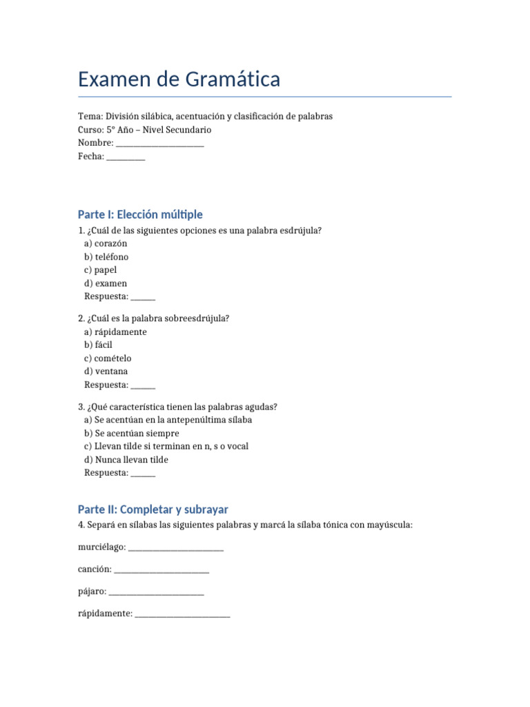 Examen de Gramática: Silabación y Acentuación | PDF