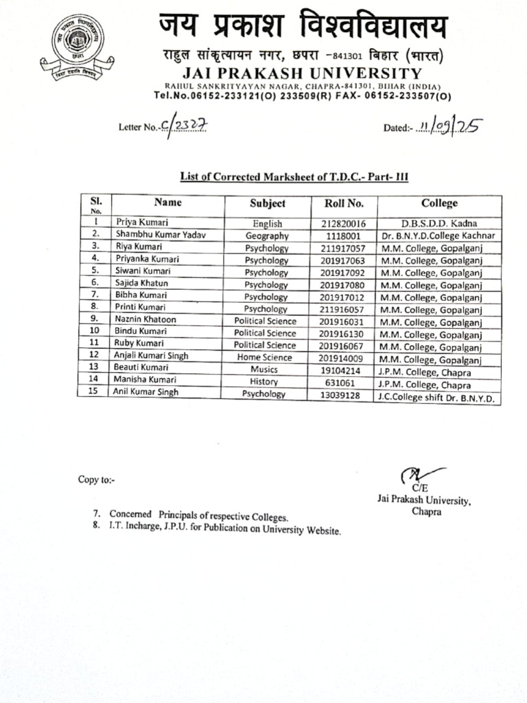 List of Corrected Marksheet PART III. 11.09.2025 | PDF