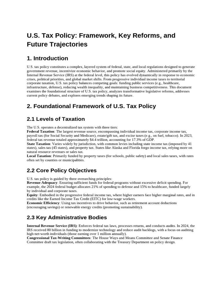 U.S. Tax Policy - Framework, Reforms, and Contemporary Issues | PDF ...