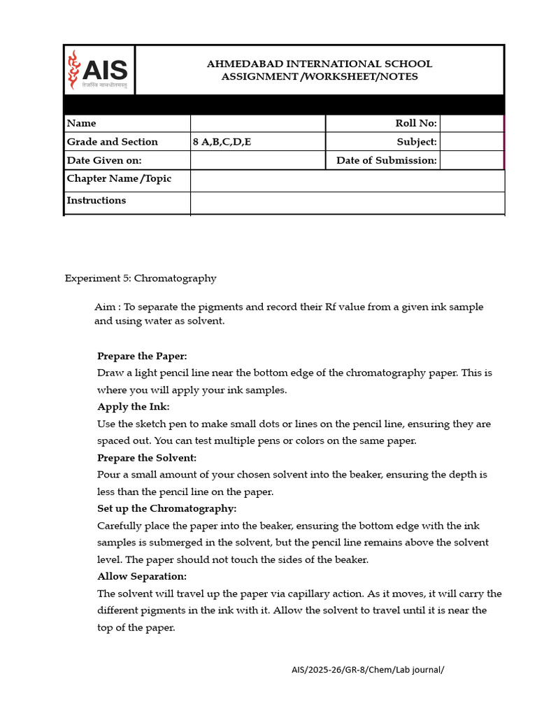 Chromatography Experiment Worksheet | PDF