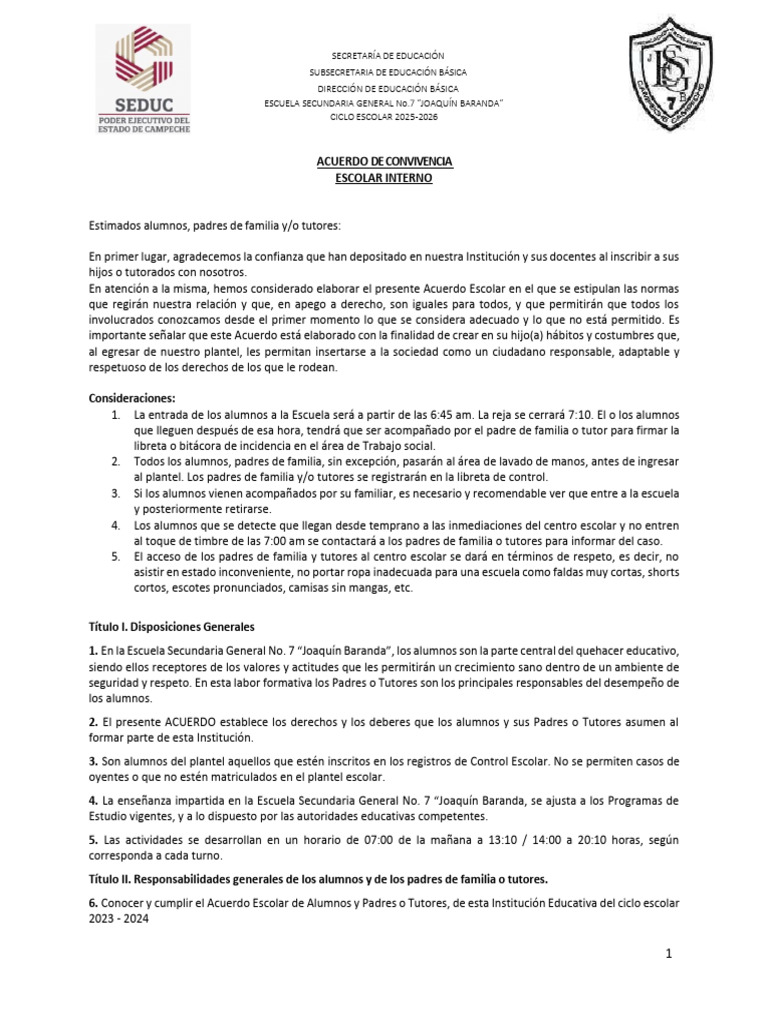Acuerdo de Convivencia Escolar 2025-2026 | PDF | Escuelas | Educación ...