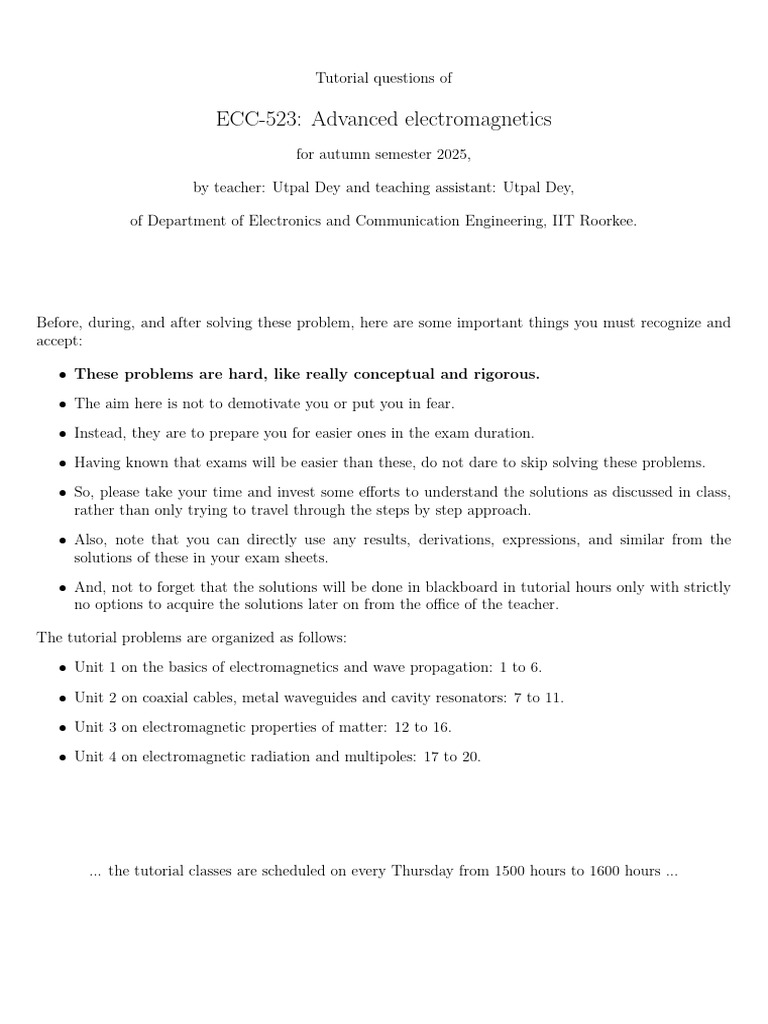 ECC-523 Advanced Electromagnetics Tutorial | PDF | Electrodynamics ...