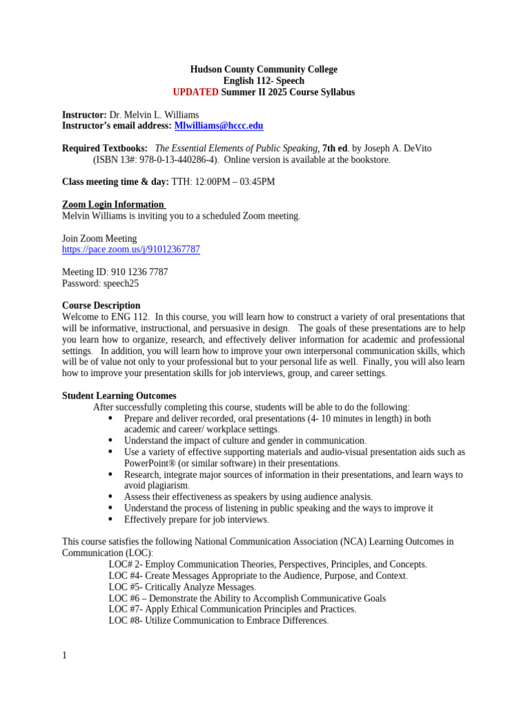 HCCC ENG 112 Speech Course Syllabus | PDF | Communication | Public Speaking