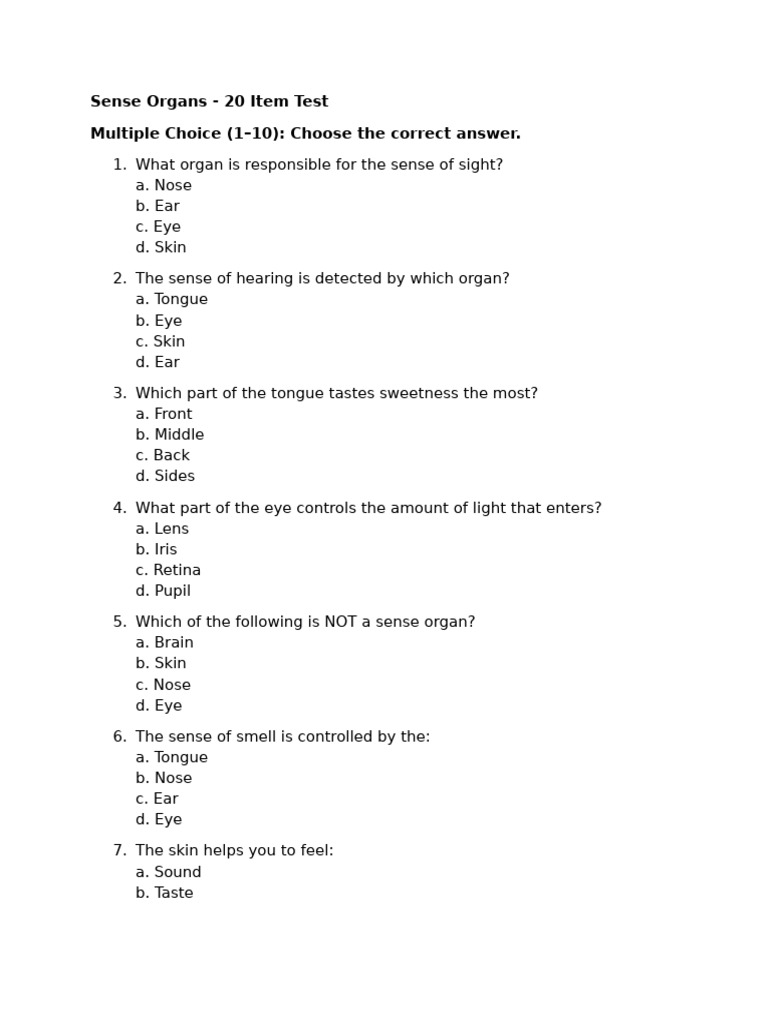 Sense Organs Quiz: 20 Questions Test | PDF