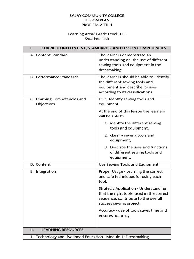 Sewing Tools and Equipment Lesson Plan | PDF | Sewing | Sewing Needle