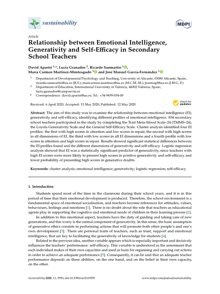 Sustainability 12 03950 | PDF | Emotional Intelligence | Self Efficacy