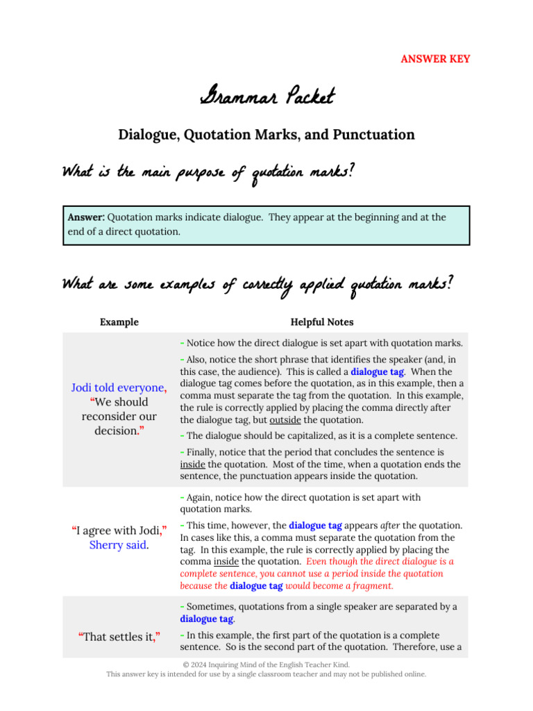 Quotation Marks and Dialogue Tag Rules | PDF | Comma | Quotation Mark