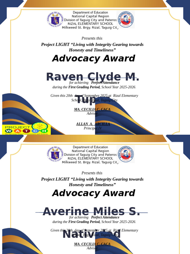 Project LIGHT Perfect Attendance Award | PDF