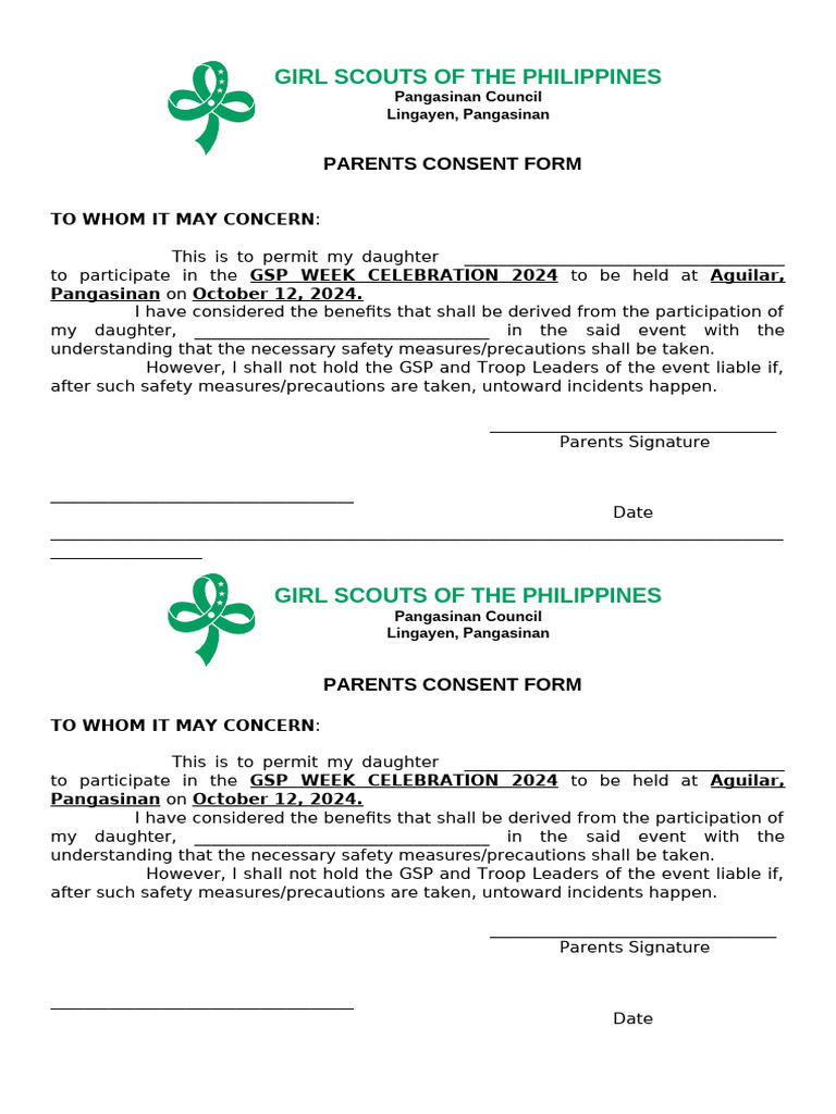 Girl Scouts Consent Form 2024 | PDF