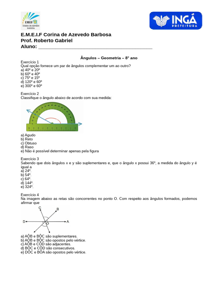 Exercícios de Ângulos para 8º Ano | PDF | Ângulo | Triângulo