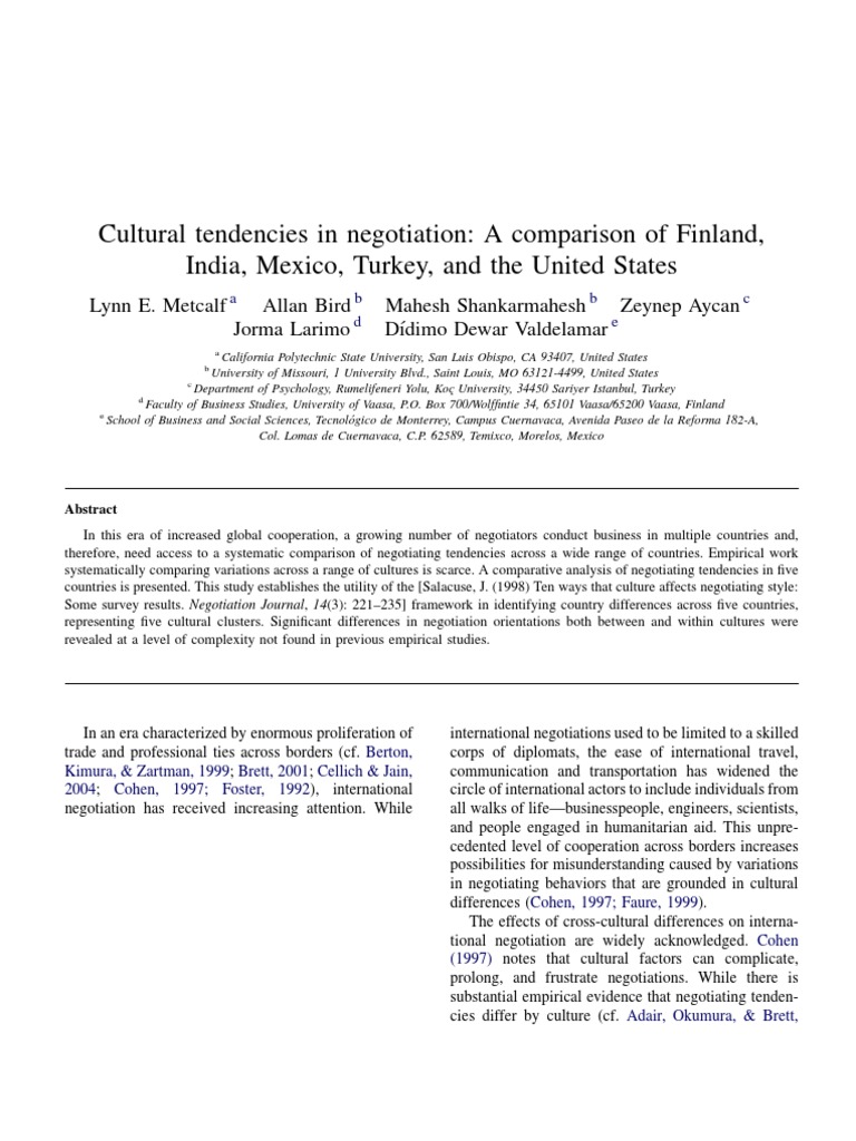 Cultural Difference In Negotiations Pdf Negotiation Risk