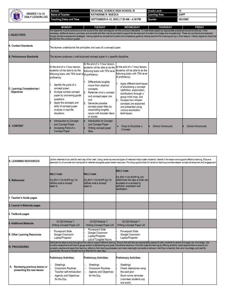 EAPP Daily Lesson Log for Grade 12 | PDF | Idea | Concept