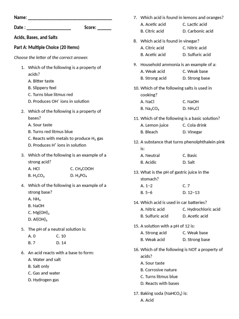 Acids, Bases, Salts Worksheet and Quiz | PDF | Acid | Hydroxide