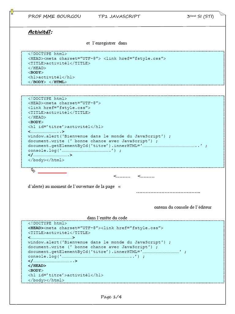 TP1 JavaScript : Activités et Scripts | PDF | Programmation web ...