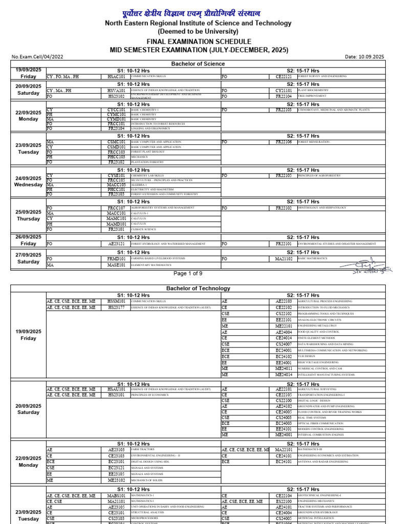 Mid Semester Exam Schedule 2025 | PDF | Electronic Engineering | Chemistry