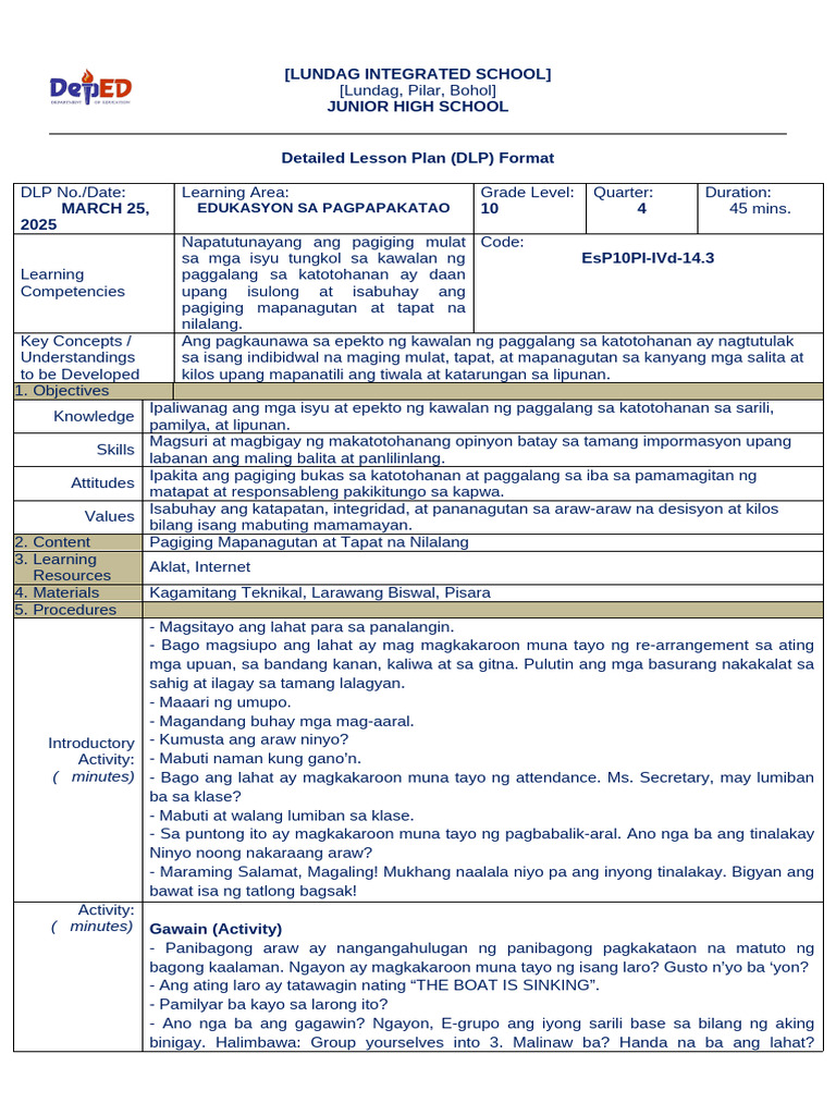 Lesson Plan - Esp10 Final | PDF