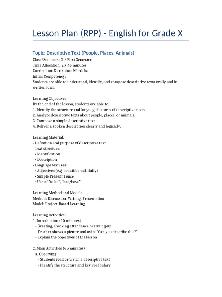 Descriptive Text Lesson Plan for Grade X | PDF