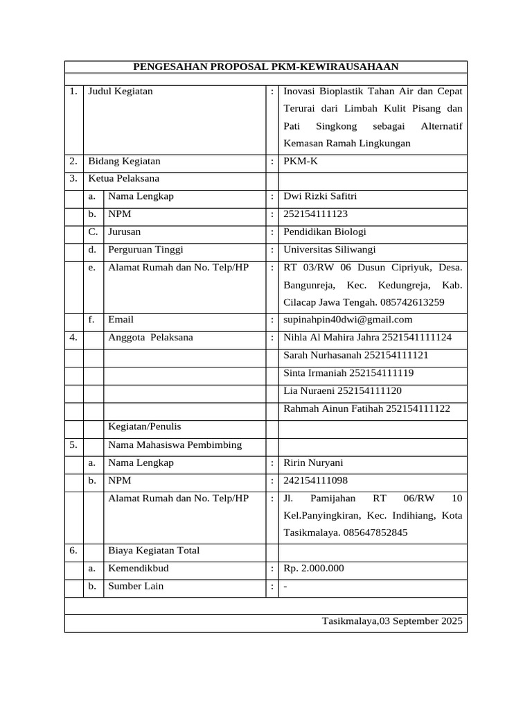 Pengesahan Proposal Pkm 1 | PDF