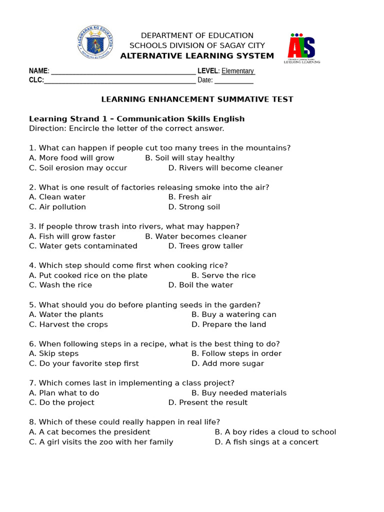 Learning Enhancement Summative Test ELEM | PDF