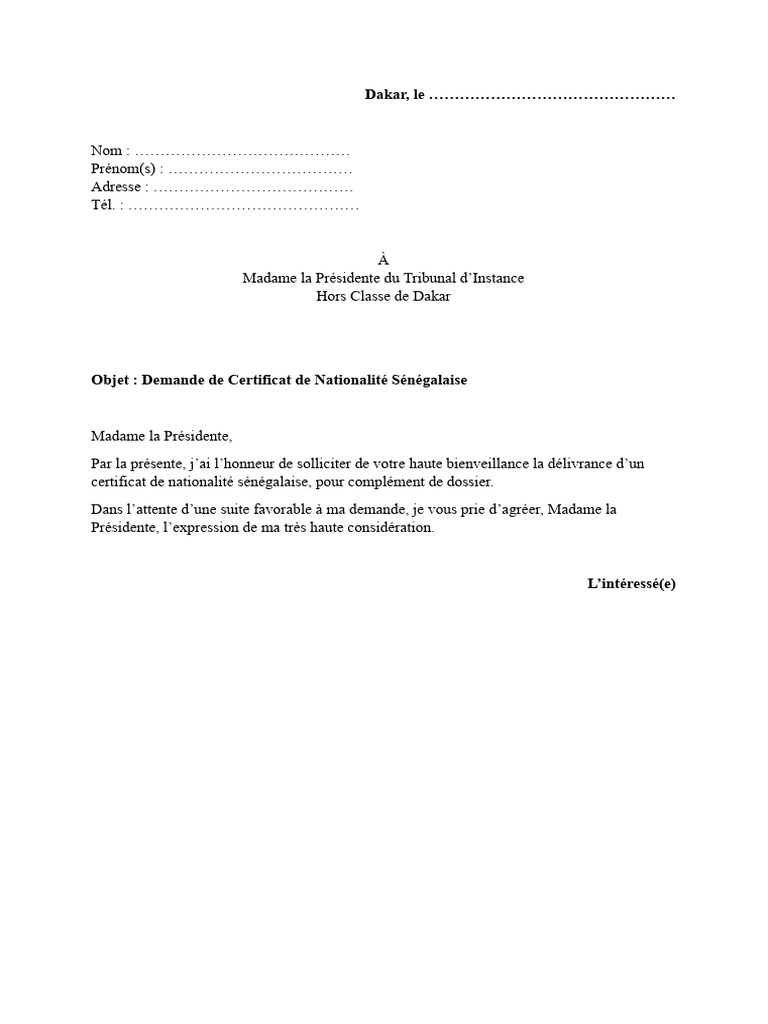 Demande de Certificat de Nationalité Sénégalaise | PDF