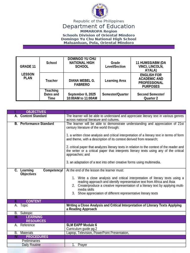 Grade 11 English Lesson Plan: Literary Analysis | PDF | Speed Reading ...