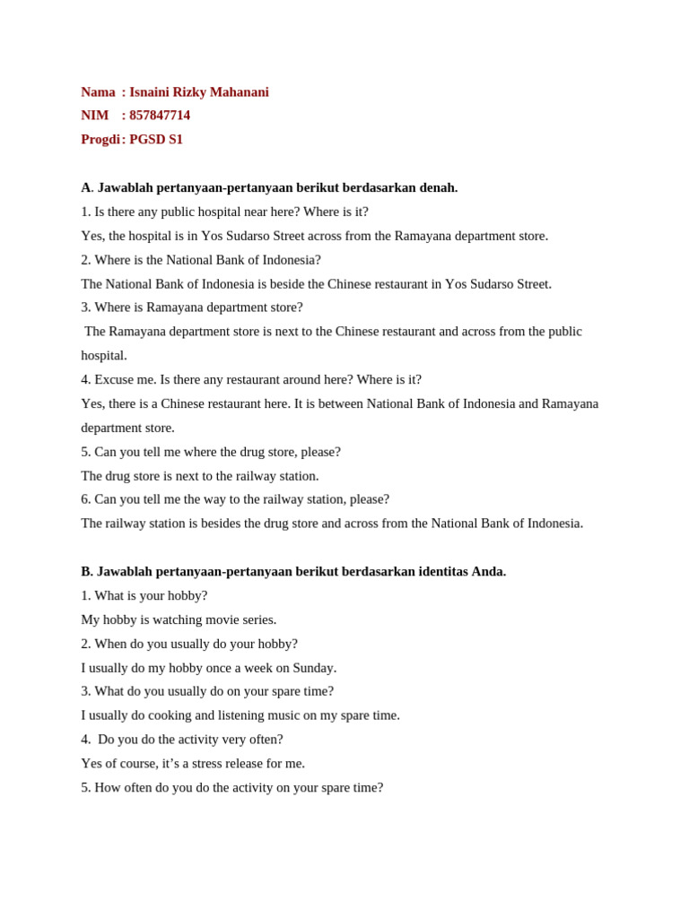 Location and Hobby Questionnaire | PDF