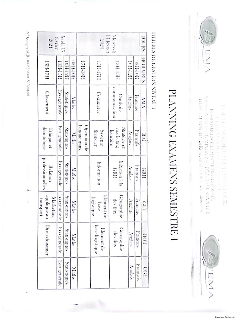 Planning Session Normal Semestre 1 | PDF